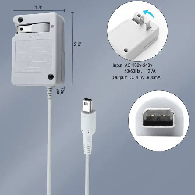 Alt view image 3 of 6 - 3DS/2DS Charger for Nintendo 3DS XL, DSi XL, New 3DS & 2DS - AC Wall Adapter with Universal 100-240V | Replacement Power Cord for Nintendo Handheld Console Accessories (2 Pack)