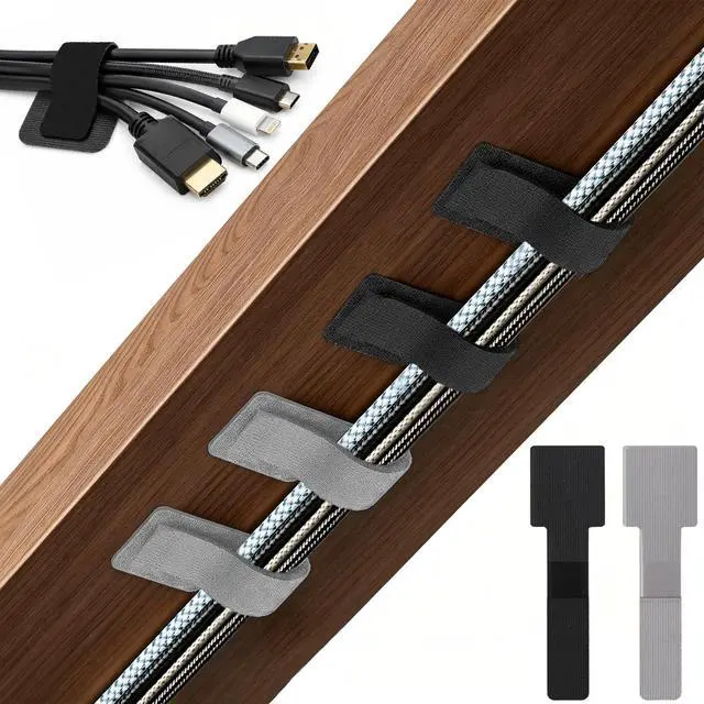 Main image of 80 PCS Hook and Loop Cable Ties, Self Adhesive Cable Management Straps, Reusable Cord and Wire Organizer Clips for Under Desk, Computer, TV, Gaming Setup, Home Office and Kitchen, Black and Gray