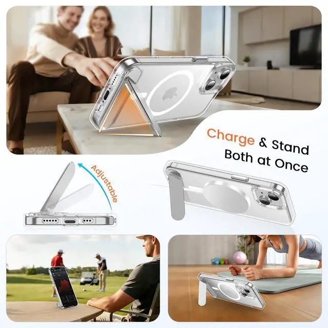 Alt view image 3 of 7 - Magnetic for iPhone 15 Case (Built-in Invisible Kickstand)(Screen Protector)(Compatible with MagSafe)(Military Grade Shockproof) Transparent Slim Phone Cover,Clear