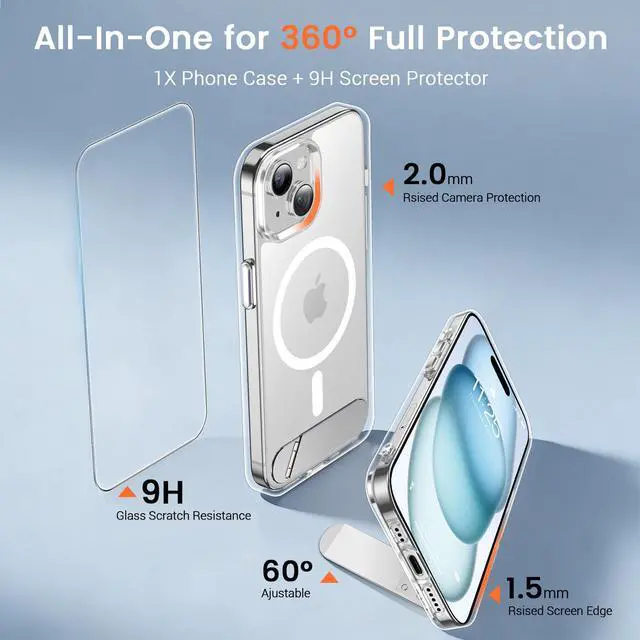 Alt view image 4 of 7 - Magnetic for iPhone 15 Case (Built-in Invisible Kickstand)(Screen Protector)(Compatible with MagSafe)(Military Grade Shockproof) Transparent Slim Phone Cover,Clear