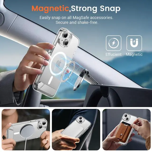 Alt view image 5 of 7 - Magnetic for iPhone 15 Case (Built-in Invisible Kickstand)(Screen Protector)(Compatible with MagSafe)(Military Grade Shockproof) Transparent Slim Phone Cover,Clear