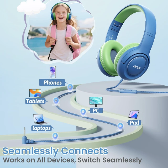 Alt view image 5 of 6 - Kids Headphones - Over-Ear 85/94dB Volume Limiter, 3.5mm Jack Foldable Stereo Sound Headset for Toddlers Girls Boys Travel Learning Entertainment Tablet Kindle iPad PC Blue Green, HK03