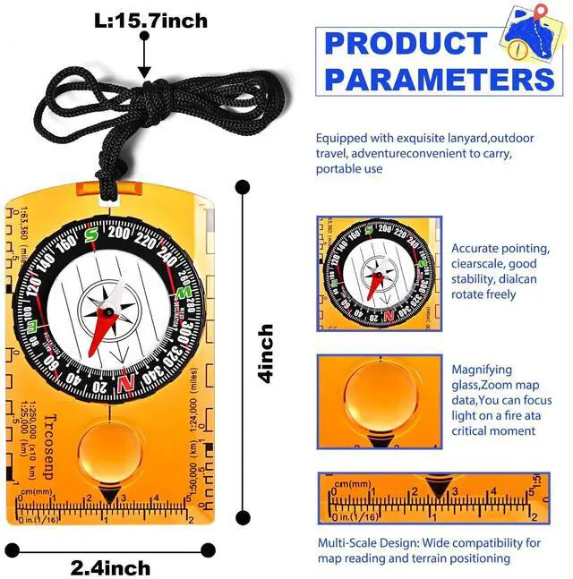 Main image of 4 Pack Multifunctional Orienteering Compass, Waterproof Adjustable Declination Compass with Magnifier & Ruler, Compass for Kids, Hiking Survival Navigation Tool for Map Reading, Camping & Backpacking