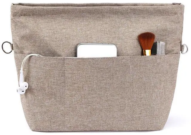 Main image of Purse Bag Organizer Insert with 13 Pockets, Handbag and Tote Bag Inside Shaper with Zipper (Khaki, Small)