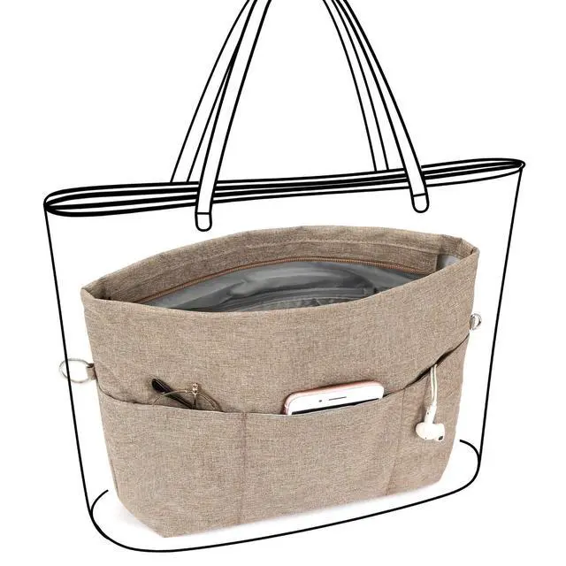 Alt view image 4 of 6 - Purse Bag Organizer Insert with 13 Pockets, Handbag and Tote Bag Inside Shaper with Zipper (Khaki, Small)