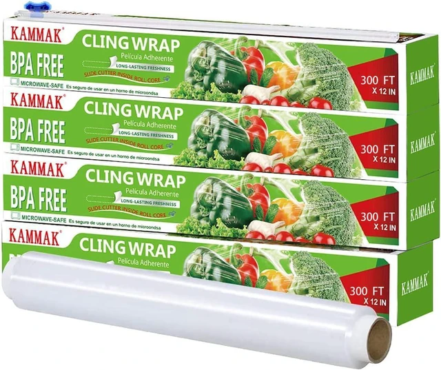 Main image of Plastic Wrap with Slide Cutter - 4 Pack 12 inch Clear Cling Film, 300 Square FT Roll - BPA Free, Microwave Safe, Quick Cut Kitchen Wrap