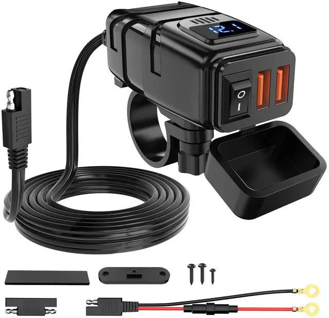 Main image of Motorcycle Charger with 12V Voltmeter Independent On Off Switch SAE USB Adapter Inline 10A Fuse Waterproof 6.8A Dual QC3.0 Fast Charging Phone Tablet for 7/8inch Handlebar ATV