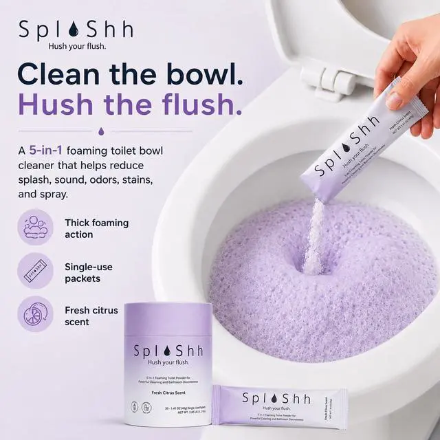 Alt view image 2 of 7 - SplaShh 5 in 1 Foaming Toilet Bowl Cleaner, 30 Powder Packets, Fresh Citrus Scent, No Harsh Chemicals, Easy Clean, Replaces Sprays, Pods & Tablets, Stain & Odor Remover, Convenient Pouches