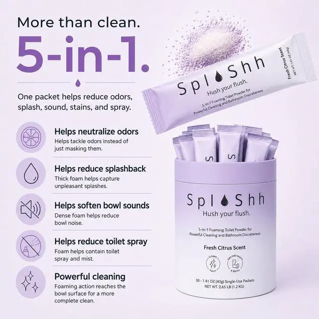 Alt view image 3 of 7 - SplaShh 5 in 1 Foaming Toilet Bowl Cleaner, 30 Powder Packets, Fresh Citrus Scent, No Harsh Chemicals, Easy Clean, Replaces Sprays, Pods & Tablets, Stain & Odor Remover, Convenient Pouches