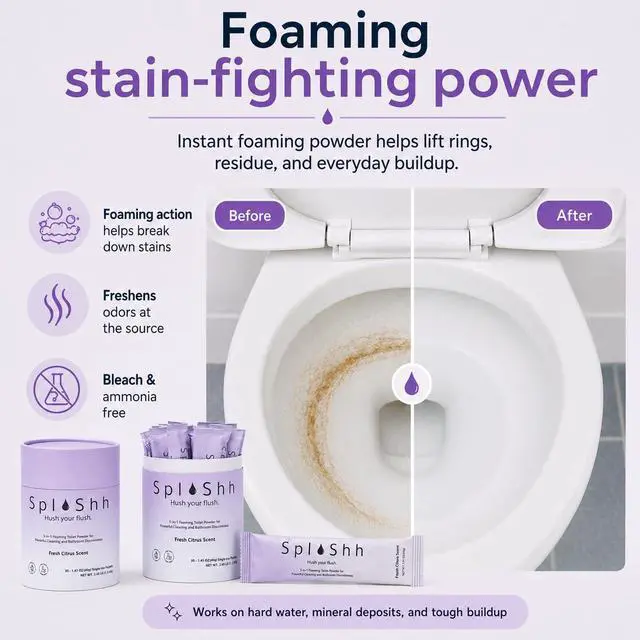 Alt view image 4 of 7 - SplaShh 5 in 1 Foaming Toilet Bowl Cleaner, 30 Powder Packets, Fresh Citrus Scent, No Harsh Chemicals, Easy Clean, Replaces Sprays, Pods & Tablets, Stain & Odor Remover, Convenient Pouches