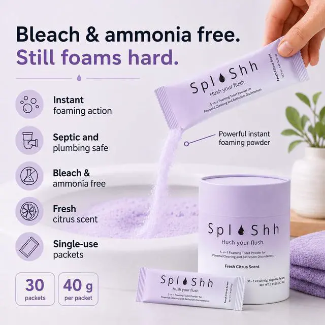Alt view image 5 of 7 - SplaShh 5 in 1 Foaming Toilet Bowl Cleaner, 30 Powder Packets, Fresh Citrus Scent, No Harsh Chemicals, Easy Clean, Replaces Sprays, Pods & Tablets, Stain & Odor Remover, Convenient Pouches