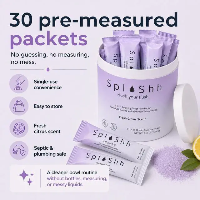 Alt view image 7 of 7 - SplaShh 5 in 1 Foaming Toilet Bowl Cleaner, 30 Powder Packets, Fresh Citrus Scent, No Harsh Chemicals, Easy Clean, Replaces Sprays, Pods & Tablets, Stain & Odor Remover, Convenient Pouches