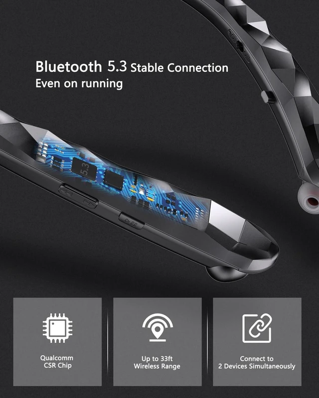 Alt view image 4 of 6 - Bluetooth Neckband Headphones, Retractable Headphone Design with IPX5 Waterproof & Vibration Alerts, Neckband Headphones Stereo Noise Cancelling for Gym/Office