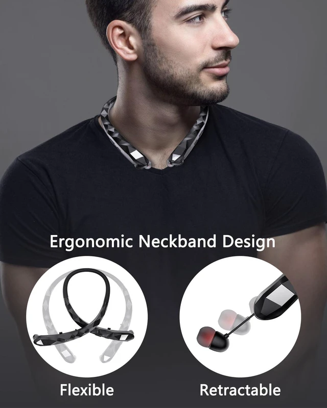 Alt view image 2 of 6 - Bluetooth Neckband Headphones, Retractable Headphone Design with IPX5 Waterproof & Vibration Alerts, Neckband Headphones Stereo Noise Cancelling for Gym/Office