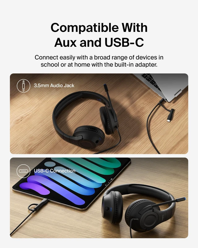 Alt view image 3 of 7 - SoundForm Inspire Wired Kids Headphones, USB-C & 3.5mm Over-ear headset, boom mic, 85dB safe volume limit, RockStar shared listening mode, school, online learning