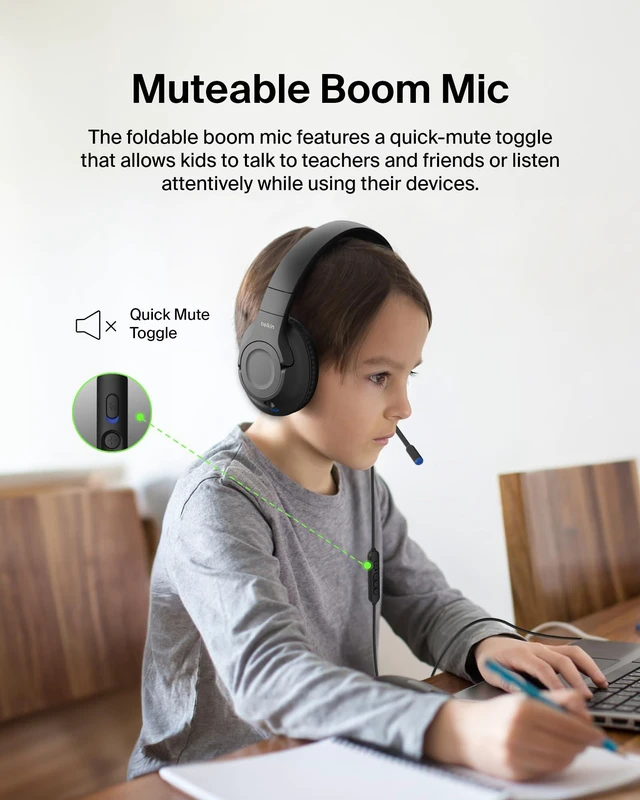 Alt view image 5 of 7 - SoundForm Inspire Wired Kids Headphones, USB-C & 3.5mm Over-ear headset, boom mic, 85dB safe volume limit, RockStar shared listening mode, school, online learning