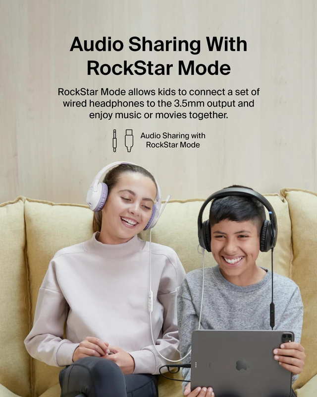 Alt view image 7 of 7 - SoundForm Inspire Wired Kids Headphones, USB-C & 3.5mm Over-ear headset, boom mic, 85dB safe volume limit, RockStar shared listening mode, school, online learning