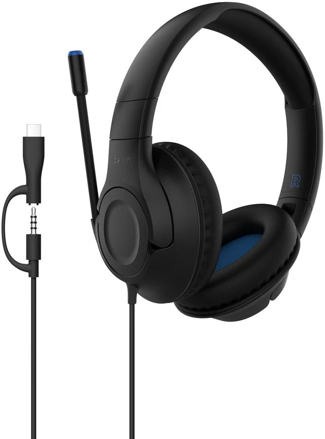 Alt view image 4 of 7 - SoundForm Inspire Wired Kids Headphones, USB-C & 3.5mm Over-ear headset, boom mic, 85dB safe volume limit, RockStar shared listening mode, school, online learning