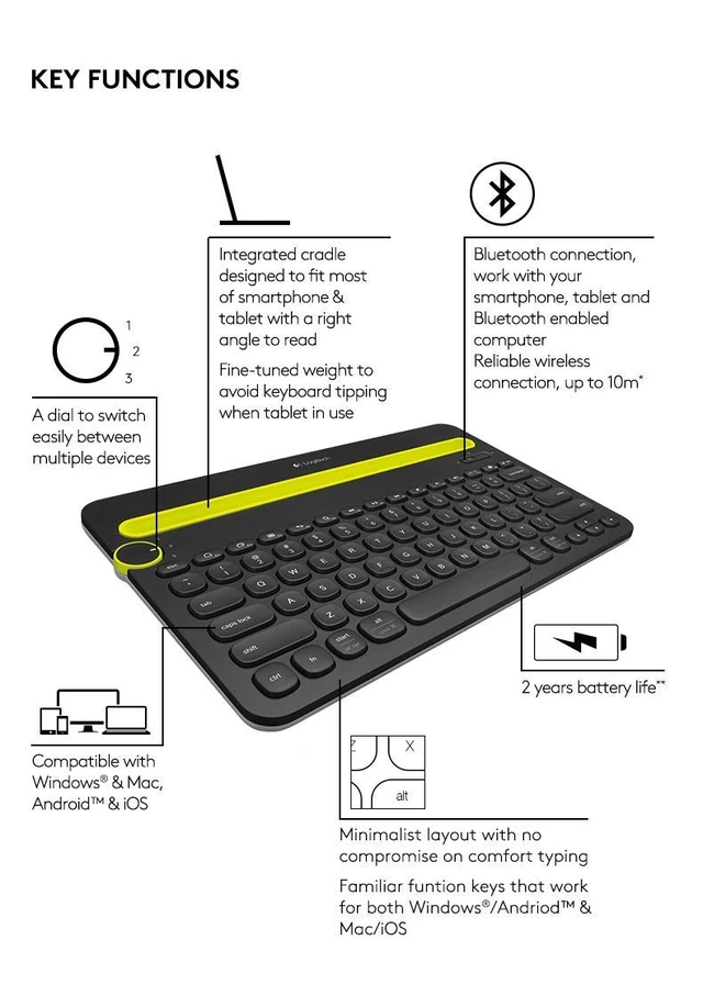 Alt view image 3 of 7 - Wireless Bluetooth Keyboard for Multi-Devices K480 - Works with Windows, Mac, iPad Tablet, Android and Smartphones - Bulk Packaging - Black