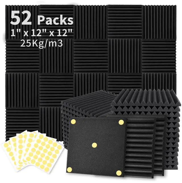 Main image of 52 Pack Acoustic Foam Panels 1" x 12" x 12" Sound Proof Foam Panles Soundproofing Noise Cancelling Wedge Panels for Home Office Recoding Studio with 300PCS Double-Side Adhesive