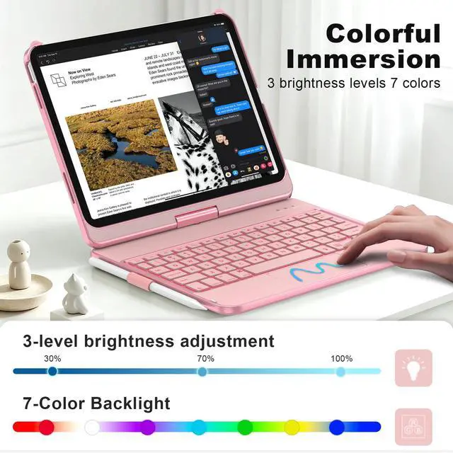 Alt view image 4 of 7 - Keyboard Case for iPad Pro 11-inch (M5/2025, M4/2024) with 7-Color Backlight, 360 Swivel Protective Case with Pencil Holder, Multi-Touch Trackpad, Rose Gold