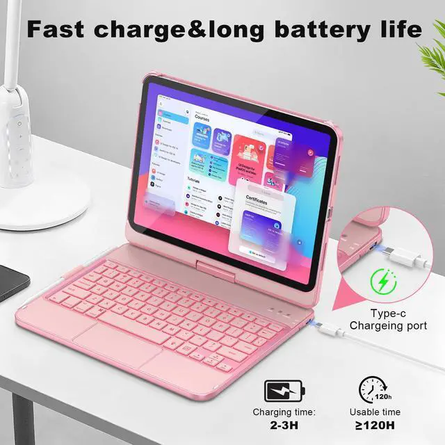 Alt view image 6 of 7 - Keyboard Case for iPad Pro 11-inch (M5/2025, M4/2024) with 7-Color Backlight, 360 Swivel Protective Case with Pencil Holder, Multi-Touch Trackpad, Rose Gold
