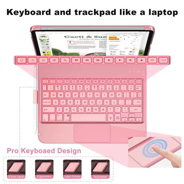 Alt view image 7 of 7 - Keyboard Case for iPad Pro 11-inch (M5/2025, M4/2024) with 7-Color Backlight, 360 Swivel Protective Case with Pencil Holder, Multi-Touch Trackpad, Rose Gold