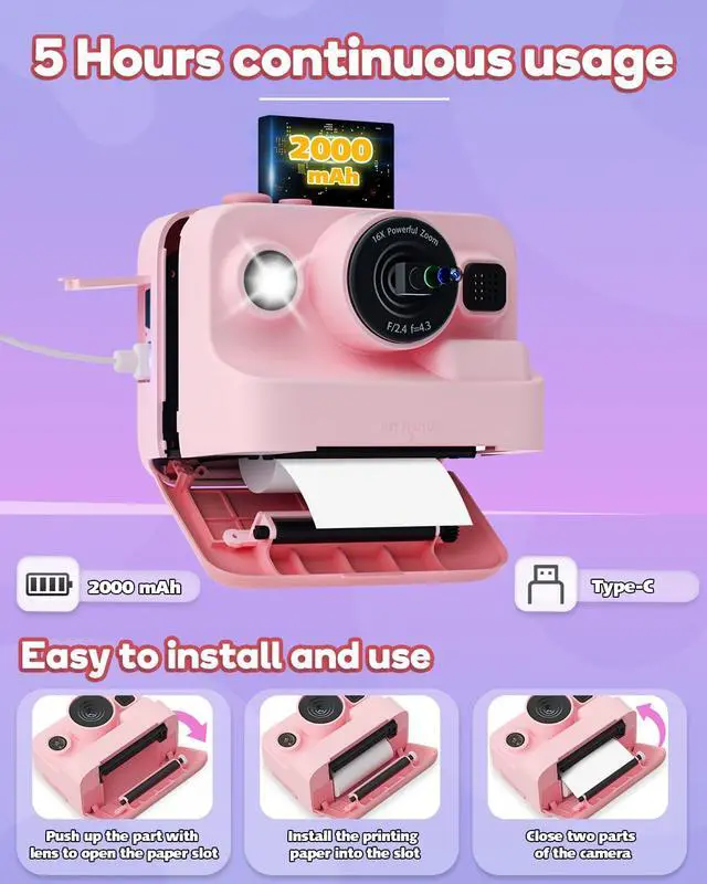 Alt view image 7 of 7 - Kids Camera Instant Print,1080P Kids Instant Cameras that Print Photos,Christmas Birthday Gifts for Girls Age 3-12,Portable Toy for 3 4 5 6 7 8 9 10 Year Old Girls Boys Pink