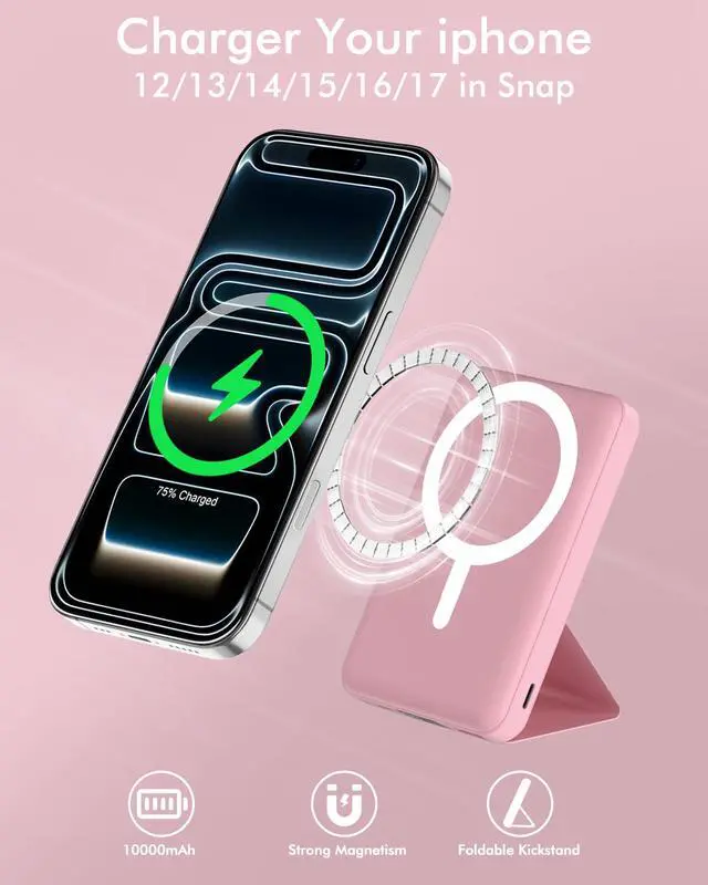 Alt view image 3 of 7 - for Magsafe Battery Pack, Foldable 10000mAh Magnetic Power Bank with USB-C Cable LED Display 22.5W PD Fast Charging Wireless Portable Charger for iPhone 17/16/15/14/13/12 Series-Pink