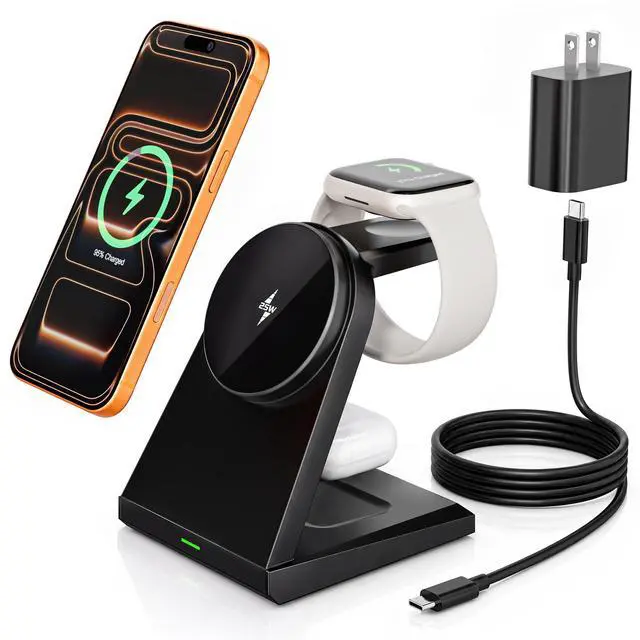 Main image of 3 in 1 Wireless Charging Station,25W Wireless Charger Stand for Multiple Devices Apple Fast Desk Magnetic Charger Station with USB C Adapter for iPhone 17 16 15 14 13 12 Series/Apple Wacth&AirPods Pro