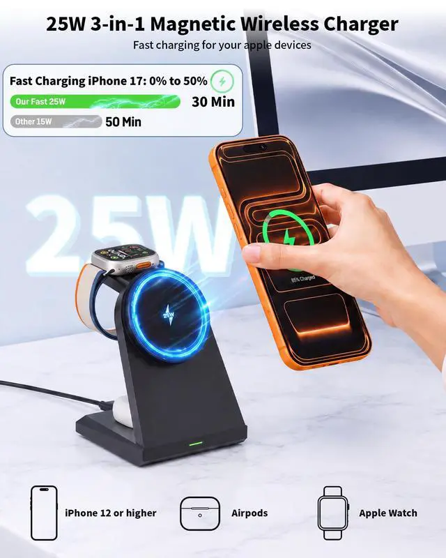 Alt view image 2 of 7 - 3 in 1 Wireless Charging Station,25W Wireless Charger Stand for Multiple Devices Apple Fast Desk Magnetic Charger Station with USB C Adapter for iPhone 17 16 15 14 13 12 Series/Apple Wacth&AirPods Pro