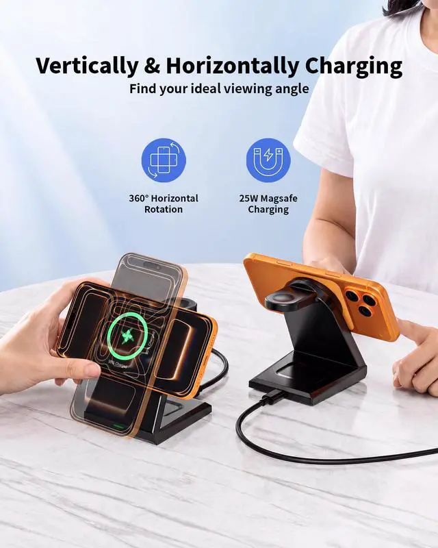 Alt view image 4 of 7 - 3 in 1 Wireless Charging Station,25W Wireless Charger Stand for Multiple Devices Apple Fast Desk Magnetic Charger Station with USB C Adapter for iPhone 17 16 15 14 13 12 Series/Apple Wacth&AirPods Pro