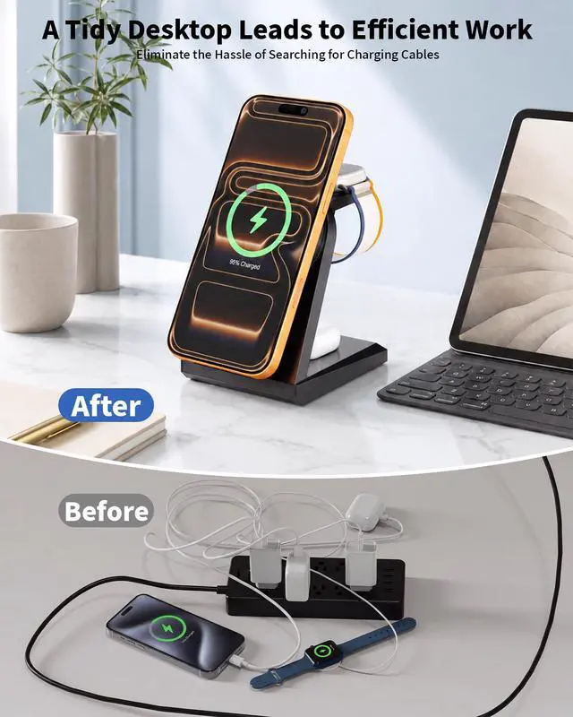 Alt view image 5 of 7 - 3 in 1 Wireless Charging Station,25W Wireless Charger Stand for Multiple Devices Apple Fast Desk Magnetic Charger Station with USB C Adapter for iPhone 17 16 15 14 13 12 Series/Apple Wacth&AirPods Pro