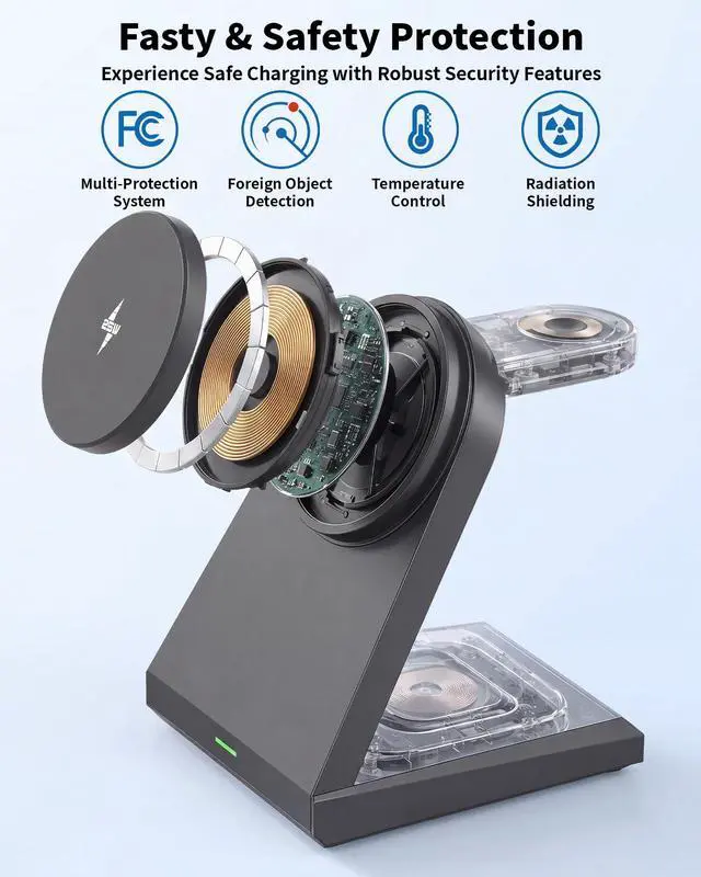 Alt view image 3 of 7 - 3 in 1 Wireless Charging Station,25W Wireless Charger Stand for Multiple Devices Apple Fast Desk Magnetic Charger Station with USB C Adapter for iPhone 17 16 15 14 13 12 Series/Apple Wacth&AirPods Pro