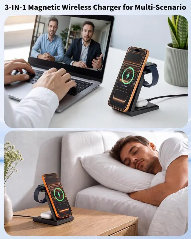 Alt view image 7 of 7 - 3 in 1 Wireless Charging Station,25W Wireless Charger Stand for Multiple Devices Apple Fast Desk Magnetic Charger Station with USB C Adapter for iPhone 17 16 15 14 13 12 Series/Apple Wacth&AirPods Pro