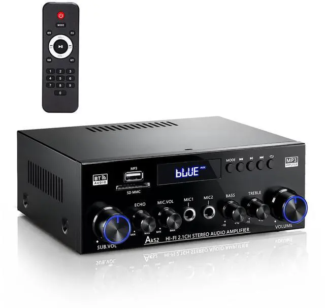 Main image of Bluetooth 5.0 Stereo Amplifier 400W | 2.1 CH Home Audio Receiver for Passive Speakers & Sub | Dual Mic in (Echo Adjust) | USB/SD/FM | Bass & Treble Control | Remote