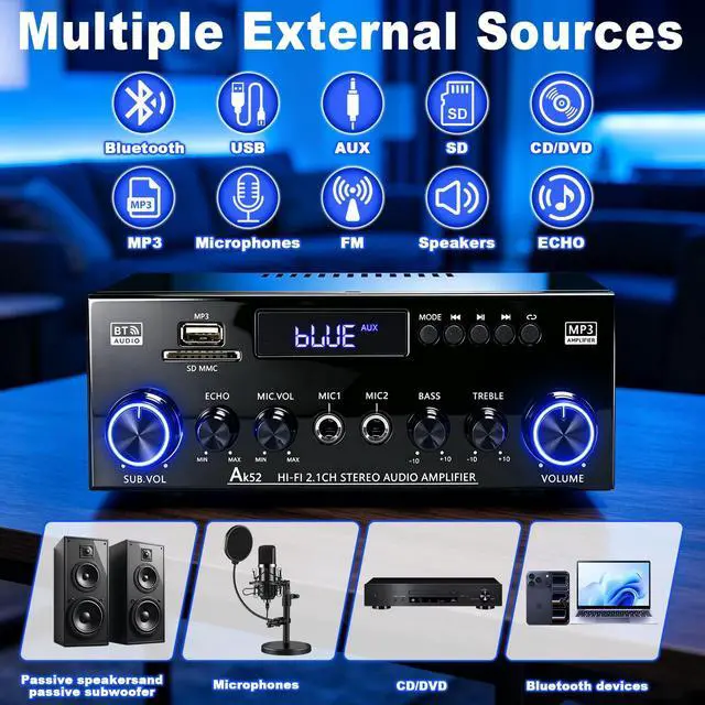 Alt view image 2 of 7 - Bluetooth 5.0 Stereo Amplifier 400W | 2.1 CH Home Audio Receiver for Passive Speakers & Sub | Dual Mic in (Echo Adjust) | USB/SD/FM | Bass & Treble Control | Remote