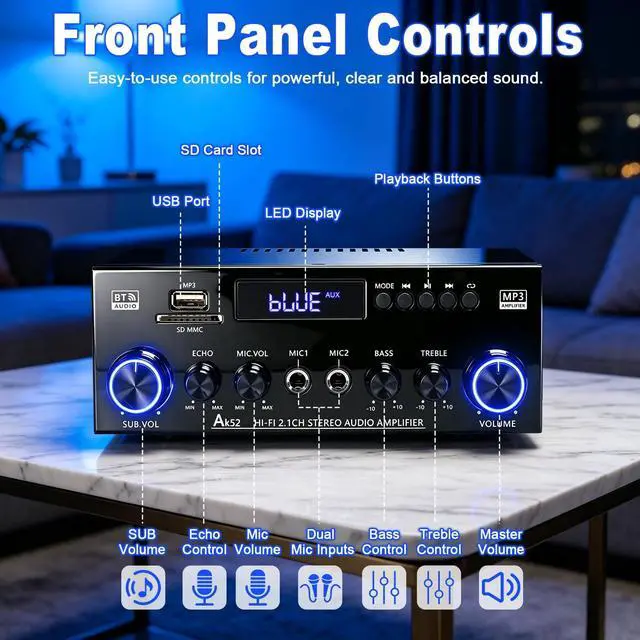 Alt view image 4 of 7 - Bluetooth 5.0 Stereo Amplifier 400W | 2.1 CH Home Audio Receiver for Passive Speakers & Sub | Dual Mic in (Echo Adjust) | USB/SD/FM | Bass & Treble Control | Remote