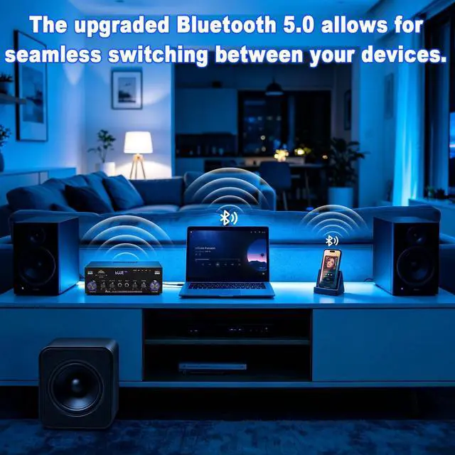 Alt view image 5 of 7 - Bluetooth 5.0 Stereo Amplifier 400W | 2.1 CH Home Audio Receiver for Passive Speakers & Sub | Dual Mic in (Echo Adjust) | USB/SD/FM | Bass & Treble Control | Remote