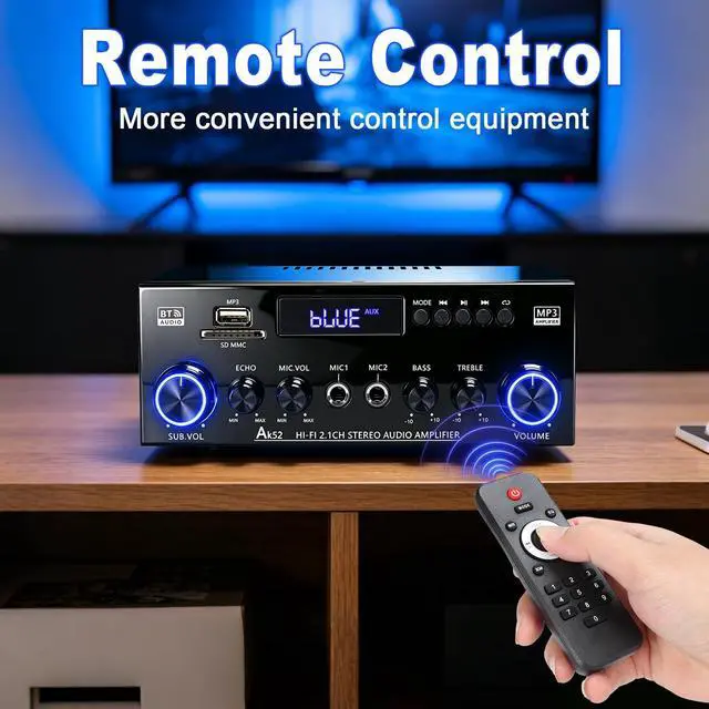 Alt view image 6 of 7 - Bluetooth 5.0 Stereo Amplifier 400W | 2.1 CH Home Audio Receiver for Passive Speakers & Sub | Dual Mic in (Echo Adjust) | USB/SD/FM | Bass & Treble Control | Remote