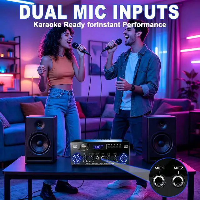 Alt view image 7 of 7 - Bluetooth 5.0 Stereo Amplifier 400W | 2.1 CH Home Audio Receiver for Passive Speakers & Sub | Dual Mic in (Echo Adjust) | USB/SD/FM | Bass & Treble Control | Remote