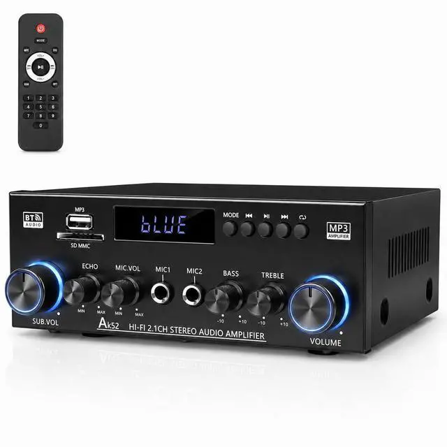 Main image of Bluetooth 5.0 Stereo Amplifier, 2.1 Channel 400W Home Audio Stereo Receiver for 2 Passive Speakers & Passive Subwoofer, Dual Mic Inputs, USB/SD/FM, Bass Treble Echo Control, Remote Control