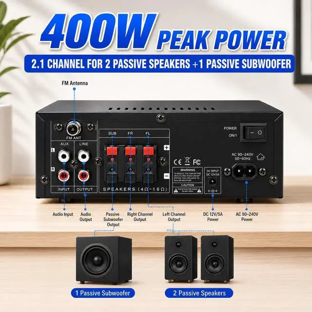Alt view image 3 of 7 - Bluetooth 5.0 Stereo Amplifier, 2.1 Channel 400W Home Audio Stereo Receiver for 2 Passive Speakers & Passive Subwoofer, Dual Mic Inputs, USB/SD/FM, Bass Treble Echo Control, Remote Control