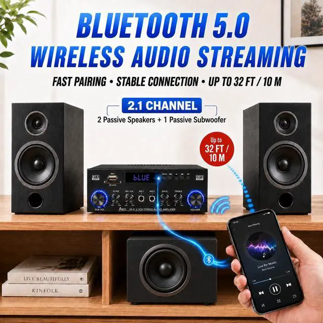 Alt view image 5 of 7 - Bluetooth 5.0 Stereo Amplifier, 2.1 Channel 400W Home Audio Stereo Receiver for 2 Passive Speakers & Passive Subwoofer, Dual Mic Inputs, USB/SD/FM, Bass Treble Echo Control, Remote Control