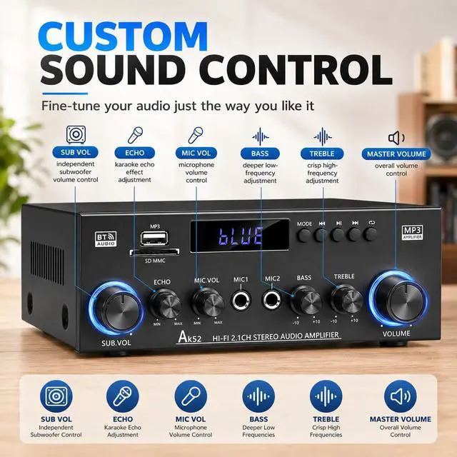 Alt view image 7 of 7 - Bluetooth 5.0 Stereo Amplifier, 2.1 Channel 400W Home Audio Stereo Receiver for 2 Passive Speakers & Passive Subwoofer, Dual Mic Inputs, USB/SD/FM, Bass Treble Echo Control, Remote Control