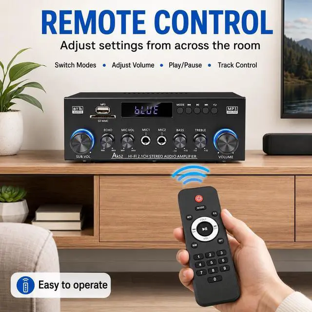 Alt view image 6 of 7 - Bluetooth 5.0 Stereo Amplifier, 2.1 Channel 400W Home Audio Stereo Receiver for 2 Passive Speakers & Passive Subwoofer, Dual Mic Inputs, USB/SD/FM, Bass Treble Echo Control, Remote Control