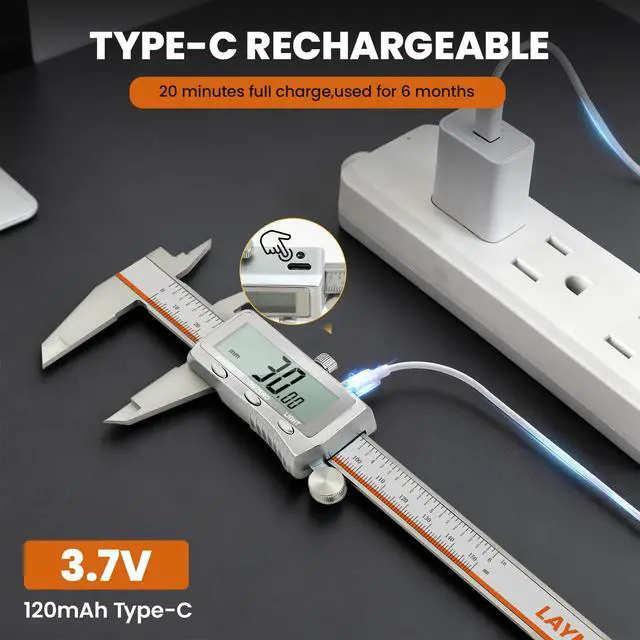 Alt view image 2 of 7 - Digital Caliper 6 Inch, Rechargeable Electronic Calipers with Large Backlit LCD, ±0.001"/0.02mm Precision Stainless Steel Measuring Tool, Inch MM Fraction Conversion for 3D Printing, Woodworking & DIY