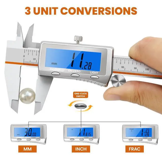 Alt view image 5 of 7 - Digital Caliper 6 Inch, Rechargeable Electronic Calipers with Large Backlit LCD, ±0.001"/0.02mm Precision Stainless Steel Measuring Tool, Inch MM Fraction Conversion for 3D Printing, Woodworking & DIY