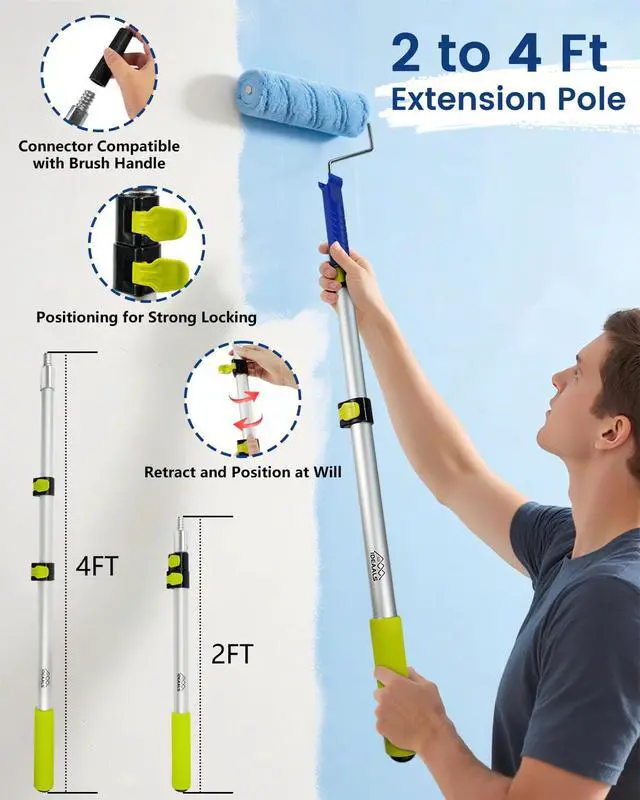 Alt view image 2 of 7 - 32PCS Paint Roller Kit with Extension Pole - 2 to 4 FT Pole, 4 inch 9 inch Paint Rollers, Paint Brushes for Walls, Painters Tape & Drop Cloth, Microfiber Roller Covers for Professional Painting