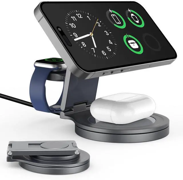 Main image of Foldable 3 in 1 Wireless Charging Station for Apple Compatible with Magsafe Charger Stand,Magnetic Wireless Charger Station for iPhone 17 Air16 15 14 13 12 Series,Airpods Pro,Apple Watch (Grey)